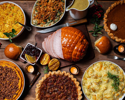 Holiday dinner with ham and other dishes