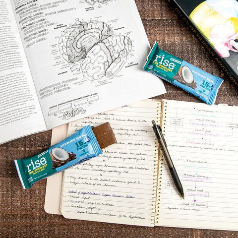 Study notes and papers next to Chocolatey Coconut Rise Bars