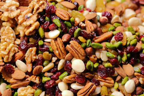 Trail mix with a variety of nuts, seeds, and dried fruit